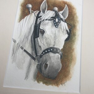 May include: Watercolor painting of a white horse wearing a black harness with silver accents. The horse's head is turned to the side, and its eyes are closed. The background is a brown wash.