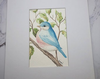Bluebird Art: Original Matted Colored Pencil Drawing, Country Decor