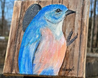 Original Blue Bird Acrylic Painting on Canvas Wall Art