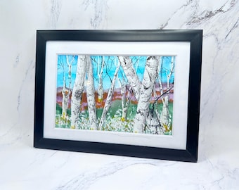 Framed Original Watercolor and Ink Art Painting, NOT a Print! - Birch Tree Grove
