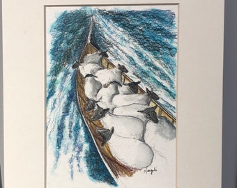 Original Sheep Art: Matted Colored Pencil Drawing, 8x10