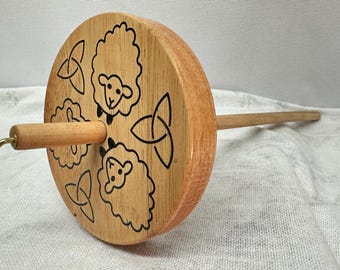 Handcrafted Maple Top Whorl Drop Spindle: Wood Fiber Art Tool 3.65 ounce Sheep Facing In with Celtic Knots