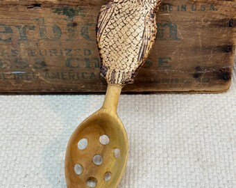 Hand Carved Owl Wooden Spoon: Artisan Kitchen Strainer, 7.25"