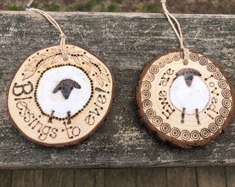 Rustic Sliced Wood Ornaments, Set of 2, Wood Burnt Ornament, Sheep Ornament, Christmas Ornament, Farm, Gift Topper, Handmade Gift