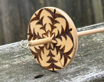 Top Whorl Drop Spindle Fiber Artist Tool, Yarn Spinning Winding, .65 oz., Roving, Textile, Handcrafted, Wood Burned Original One of a Kind