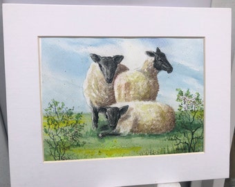 Original Art, Watercolor, Matted Art, Office Art, Wall Art, Country Decor, Farm Decor, Sheep, Sheep artwork, Sheep painting, Shepherd