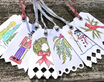 Hand Drawn Christmas Gift Tags, Set of 6 Holiday Present Labels