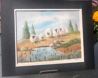 Sheep Watercolor Painting: Original Matted Farm Art (8x10)