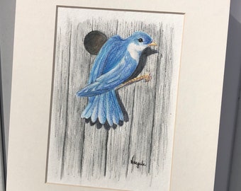 Original Bluebird Art: Matted Colored Pencil Drawing, Farmhouse Decor