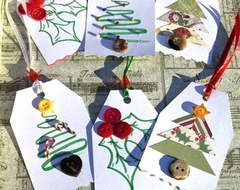 Handmade Christmas Gift Tags, Vintage Button Embellishments, Set of 6