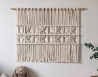 Tapiz tejido para colgar en la pared de macramé grande, colgador moderno de macramé, arte textil/tejidos, arte de tapicería neutral, arte de pared tejido