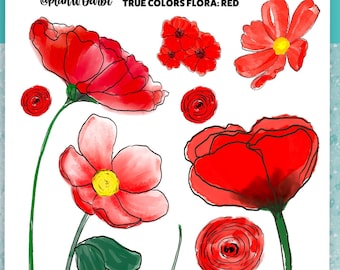 PRINTABLE: TRUE COLORS red watercolor florals,  stickers flower,  decorative modern Planner Stickers for Happy Planner, bullet journal etc