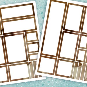May include: Two printable sheets of planner stickers with a brown watercolour background. The stickers are in various sizes and shapes, with white borders. The text "plan-it Darbi" is in the top left corner. The text "2 PDF + 2 PNG files" is in the top right corner. The text "can print unlimited times; can resize: no shipping fees!" is below the text "2 PDF + 2 PNG files".