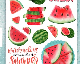 WATERMELON juicy fruity summer quote & watercolor, pink red green, Printable decorative Planner and journal stickers