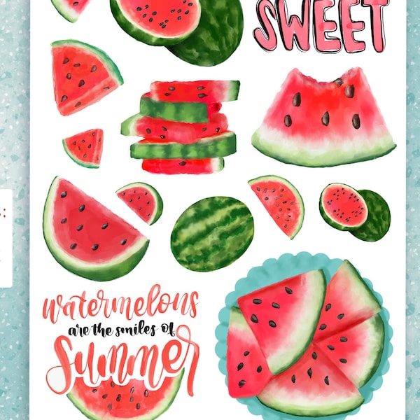 WATERMELON juicy fruity summer quote & watercolor, pink red green, Printable decorative Planner and journal stickers