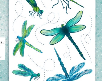 DRAGONFLIES hand drawn turquoise, teal, navy, green printable decorative Planner Stickers for Happy Planner, Passion Planner, bujos etc