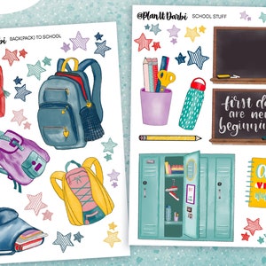 May include: Printable stickers featuring a school theme. The stickers include backpacks, stars, a locker, a chalkboard with the text "first days are new beginnings", and a notebook with the text "all vibes welcome".