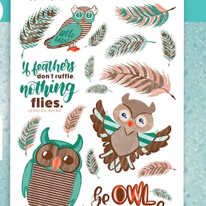 printable: OWLS orange, teal and brown cute, mixed media wood and wool fabric owl planner stickers