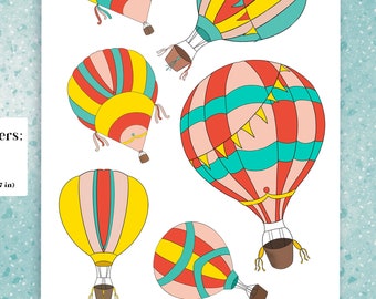 HOT AIR BALLOONS, hand drawn red, turquoise yellow printable decorative Planner Stickers for Happy Planner, Passion Planner, bujos etc