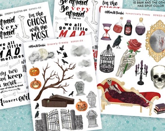 May include: A collection of printable sticker sheets featuring spooky themes. Designs include text quotes like Be afraid, I'm the ghost with the most, and We all go a little mad, alongside illustrations of skeletons, pumpkins, tombstones, and potions.