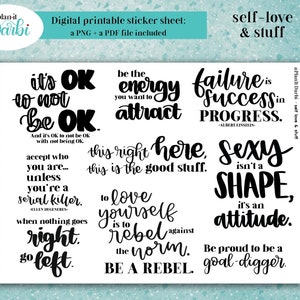 printable: SELF LOVE & STUFF body positivity lettered quote stickers, motivational, Printable decorative Planner and journal stickers