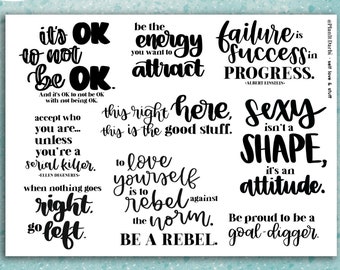 printable: SELF LOVE & STUFF body positivity lettered quote stickers, motivational, Printable decorative Planner and journal stickers