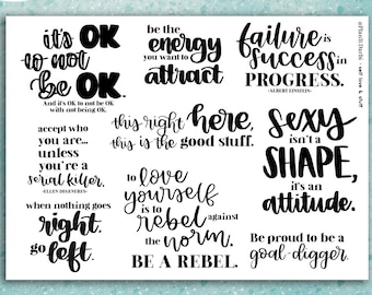 printable: SELF LOVE & STUFF body positivity lettered quote stickers, motivational, Printable decorative Planner and journal stickers