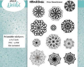 Priya Black and white mandala flowers, Printable decorative floral Planner Stickers for Happy Planner, bullet journal etc