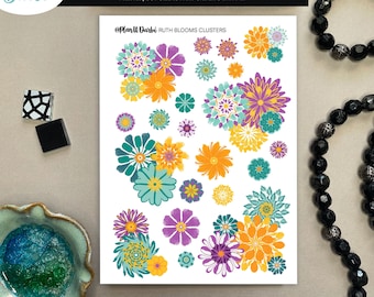 tangible: RUTH BLOOMS watercolor flowers, teal, turquoise, yellow, purple floral stickers for planners, like Happy Planner, bullet journal