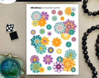 tangible: RUTH BLOOMS (2 options) watercolor flowers, teal, turquoise, yellow, purple floral stickers for planners & bullet journal