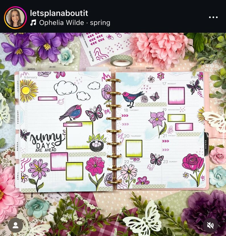 May include: A close-up of a planner with a floral theme. The planner has a white background with black and pink floral illustrations. The planner is open to the February page, which has a sun, clouds, and birds. The planner also has a page for March, which has a rose and the text "sunny days are ahead".