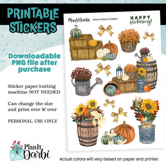 printable stickers: AUTUMN DECOR clusters, fall floral arrangements, sunflowers, pumpkins, farm digital stickers for planners junk journals