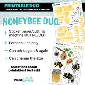 PRINTABLE: HONEYBEE DUO, honeyBee, bee hive jar of honey, hexagon, watercolor printable junk journal & Planner stickers