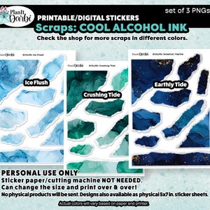 printable planner stickers: 3 pngs SCRAPS- COOL Alcohol Ink, cool, blues, teal ripped paper, layering elements, planner & journal ephemera