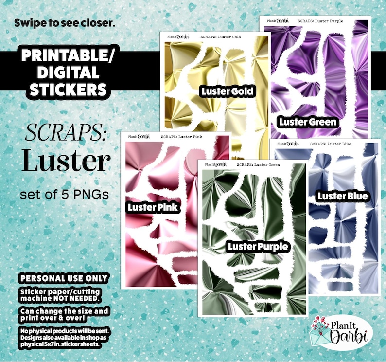 Luster Polyester Paper Sticker Printable Planner Stickers: (5 PNG) Luster Satin SCRAPS, Pastel, Shiny ...