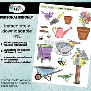 printable planner stickers: Garden Life, doodle style, garden stickers, bee stickers, potted plants, spring themed, birdhouse, bird stickers