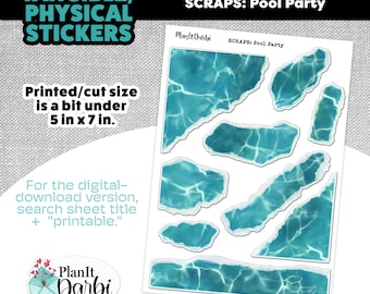 Tangible Planner Stickers: SCRAPS POOL PARTY, swimming pool, summer vacation, torn paper ephemera stickers for bujos & planners