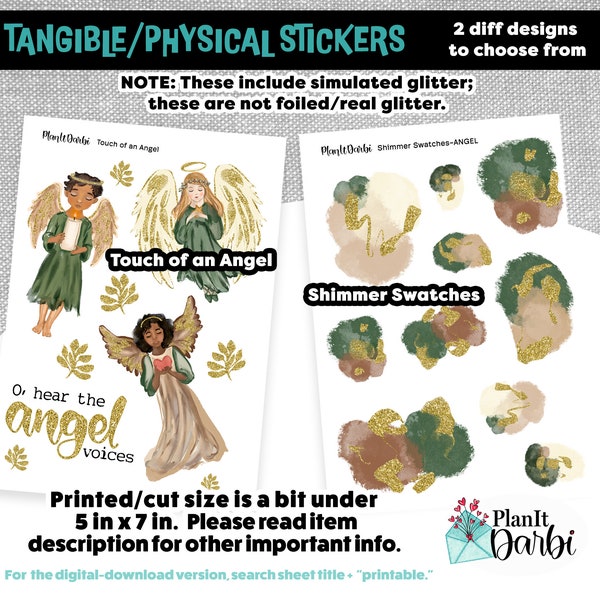 TANGIBLE planner stickers: Christmas Angels, green + gold Glitter for layering for planner, journal, memory keeper, scrapbooks