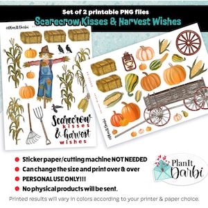 May include: Two printable PNG files with autumn illustrations. The designs include pumpkins, hay bales, corn, a scarecrow, and a wagon wheel. The text reads "Scarecrow Kisses & Harvest Wishes."