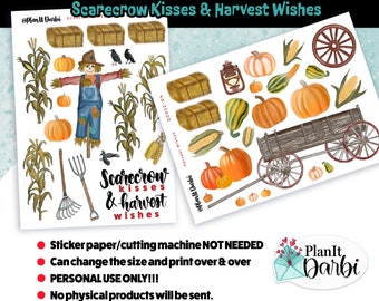 Puede incluir: Dos archivos PNG imprimibles con ilustraciones de temática otoñal. Los diseños incluyen calabazas, balas de heno, maíz, un espantapájaros y una rueda de carro. El texto dice "Scarecrow Kisses & Harvest Wishes."