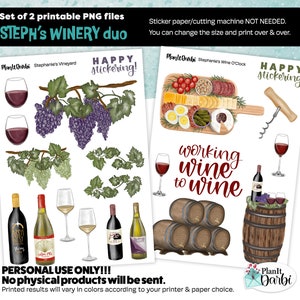 printable planner stickers: Stephanie's WINE LOVER (set of 2 png), charcuterie board, vineyard, illustrated clip art for journals & planner