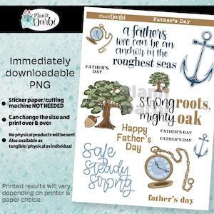 printable planner stickers: Father's Day stickers, dad quotes, fatherhood symbols, hand-lettered quotes for Journals, blue, brown, green