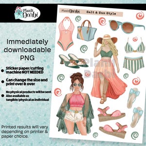 printable planner stickers: SALT & SUN STYLE, summer doll stickers, planner dolls, fashion, summer trends, swim suits, bikinis, beach glam
