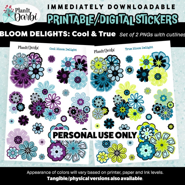 printable planner stickers: set of 2 - BLOOMS- True Blue & Cool Blue delight, spring, flowers, florals, scrapbooking, journaling