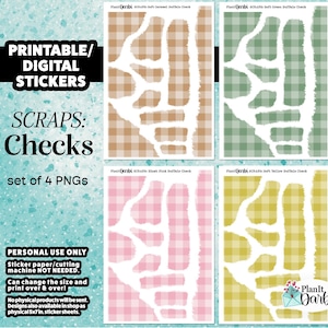 May include: Digital sticker set featuring four PNGs with buffalo check patterns in caramel, green, pink, and yellow. The text reads "PRINTABLE/ DIGITAL STICKERS" and "SCRAPS: Checks". The set includes the text "set of 4 PNGs" and "PERSONAL USE ONLY".