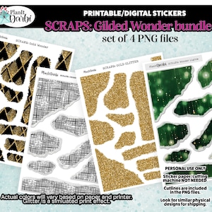 May include: A bundle of four printable digital stickers with a gilded wonder theme. The stickers include gold glitter, gold wonder, and wonder lights designs. The stickers are in PNG file format and are for personal use only.