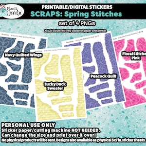 Printable Planner Stickers: SCRAPS- 4 PNG Spring Quilt, stitches, sweather patterned paper, torn paper, ephemera, layering stickers