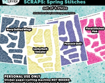 Printable Planner Stickers: SCRAPS- 4 PNG Spring Quilt, stitches, sweather patterned paper, torn paper, ephemera, layering stickers