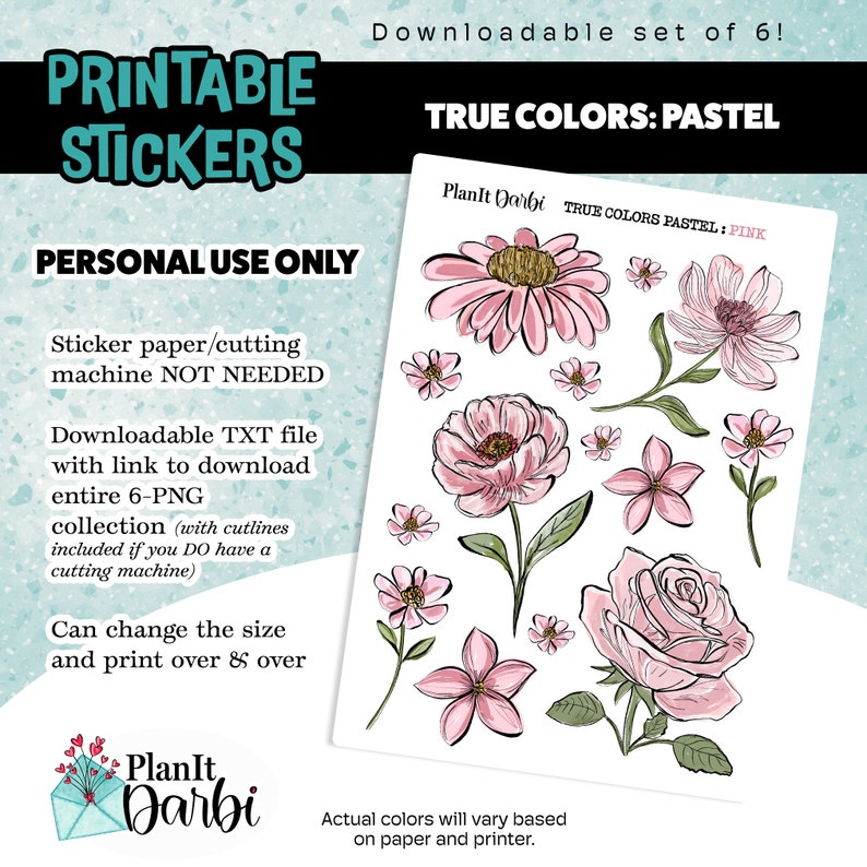 Printable Stickers: True Colors PASTEL set of 6 PNG digital watercolor spring flowers, lined floral stickers for planners & Journals 画像 2