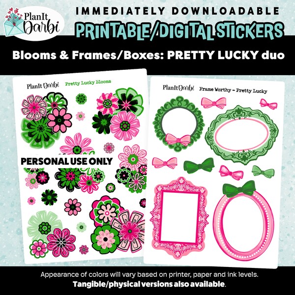 printable planner stickers: set of 2 Pretty Lucky Green & Pink, spring, blooms, planner boxes frames for planning, scrapbooking, journaling